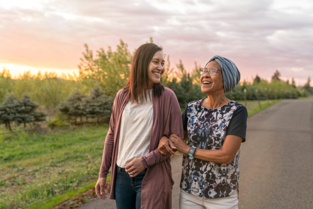 Mother and daughter walking together