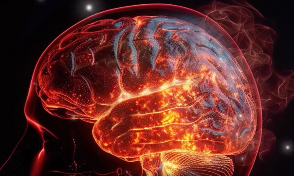 War of the mind concept image of a brain on fire